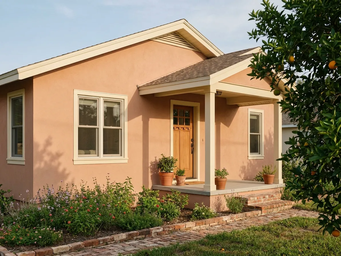 Terracotta bungalow with a timber door and a shaded veranda