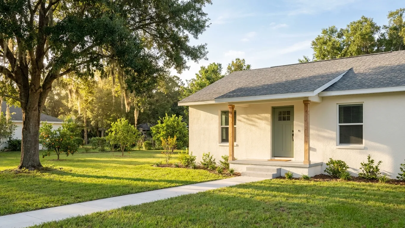 White bungalow with a sage door beneath a mature live oak